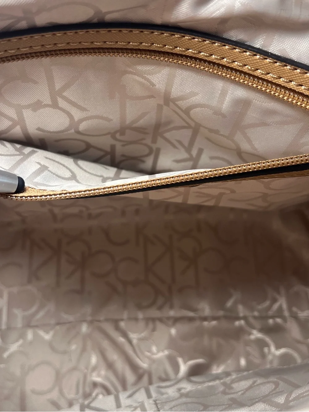Calvin Klein Cream Monogram Tote with Tan Trim